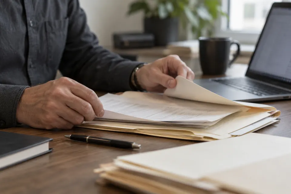 Hands reviewing organized paper records beside a laptop.