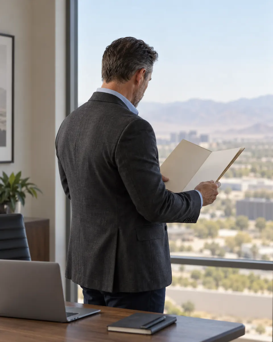 Professional reviewing a case folder beside an office window.