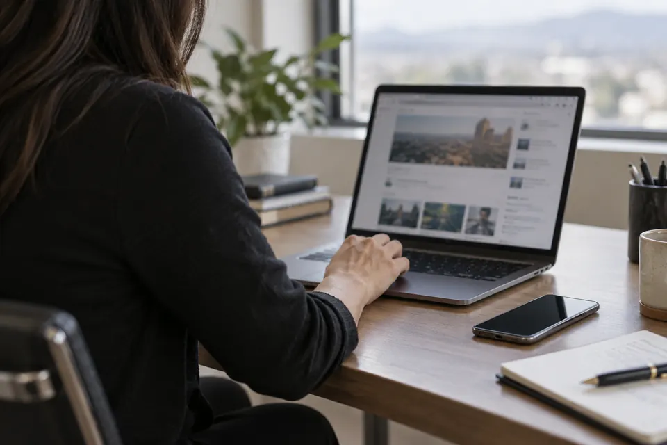 Researcher reviewing online information at a laptop.